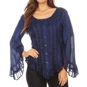 Sakkas Womens Boho Embroidered Bell Sleeve Button Down Blouse Navy Blue Medium